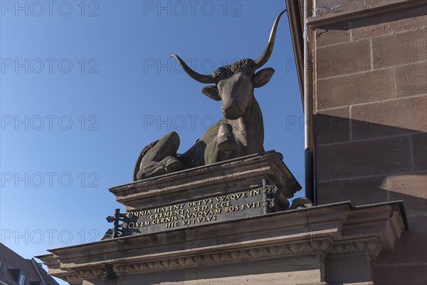 Historical sculpture of an ox on the meat bridge at the former slaughterhouse