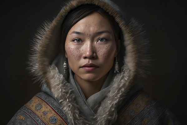 Portrait of woman from Nenets tribe in Siberia. Ai generated art