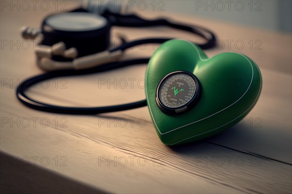 A heart next to a stethoscope on a white table