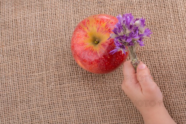 Hand holding a flower bouquet beside an apple