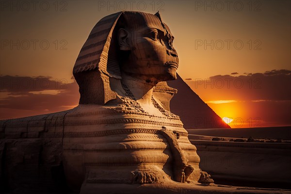 Sunset at the pyramids of Giza in Egypt with the Sphinx. Ai generated art