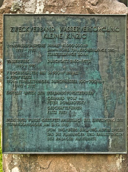 Bronze plaque on the occasion of the inauguration of the Kleine Kinzig water supply plant