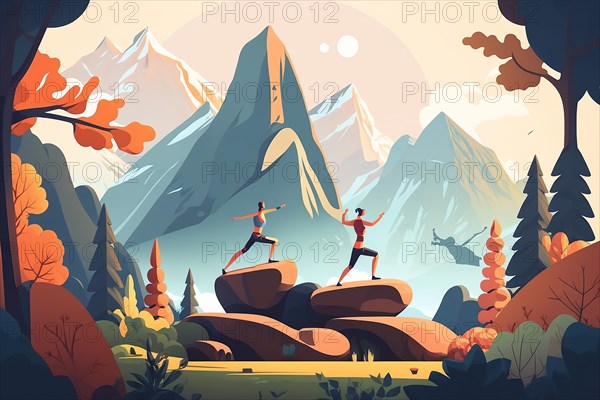 Outdoor yoga class in nature mountain landscape. Yoga exercise concept vector illustration. Man and woman training together