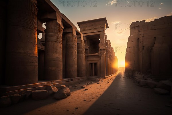 Sunset at the temples of edfu in Egypt. Ai generated art