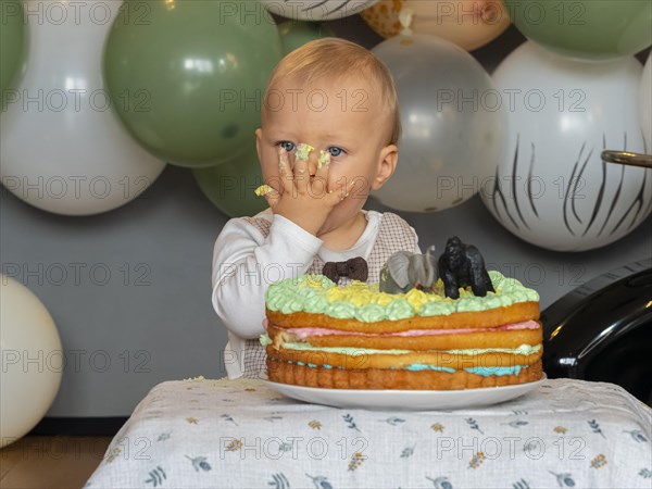 One-year-old boy sits in front of his birthday cake on his first birthday and tries to see if it tastes good