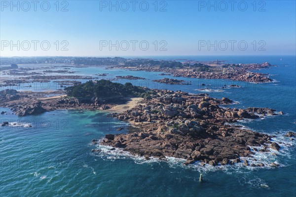 Aerial view rocky coast of Tregastel