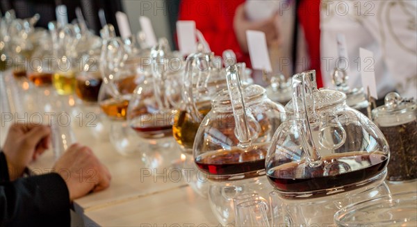 Herbal tea brewed in glass teapot and tea plant in a bottle