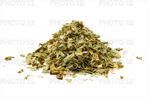 Heap of dried scallions isolated on white background