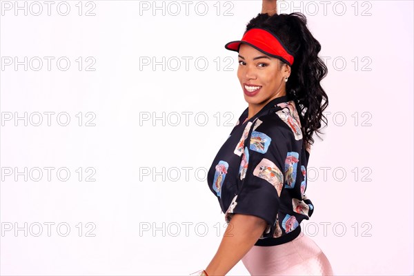 Black ethnic woman smiling dancing on a white background