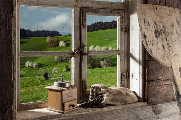 Farmhouse parlour with coffee grinder and coffee beans on the windowsill