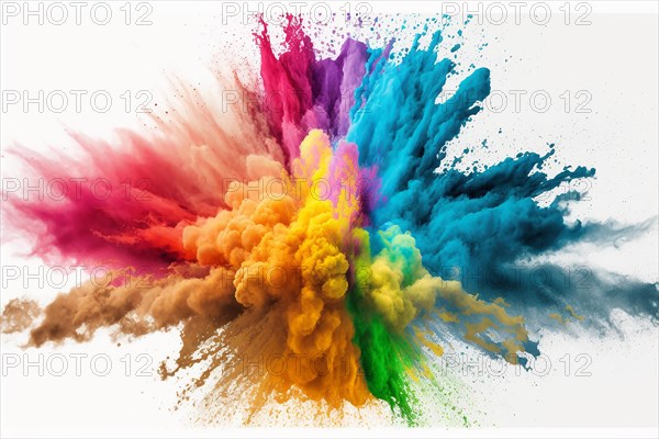 Colorful rainbow holi paint color powder explosion isolated white wide panorama background. Ai generated art