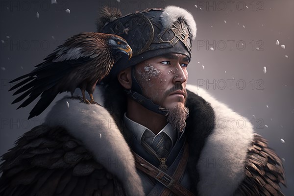 Kazakh golden eagle Hunter tribe on snowy mountain. Ai generated art