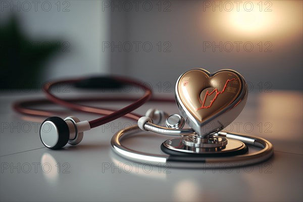 A heart next to a stethoscope on a white table