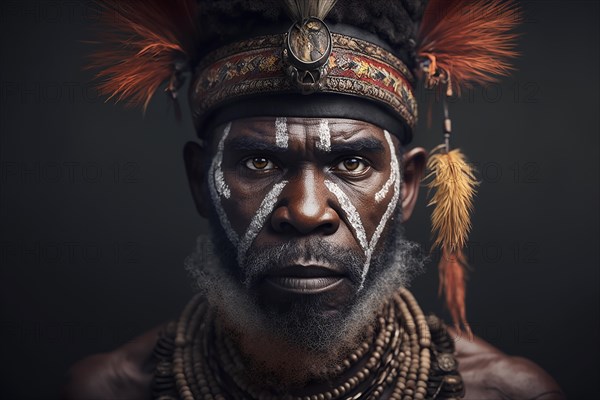 Portrait of Huli Wigmen tribesman from Papua New Guinea. Ai generated art