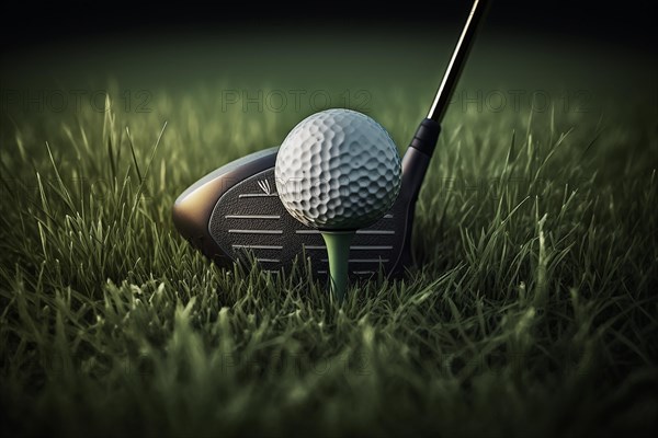 Photography of a golf club and a golf ball on the grass of a golf course. Ai generated art