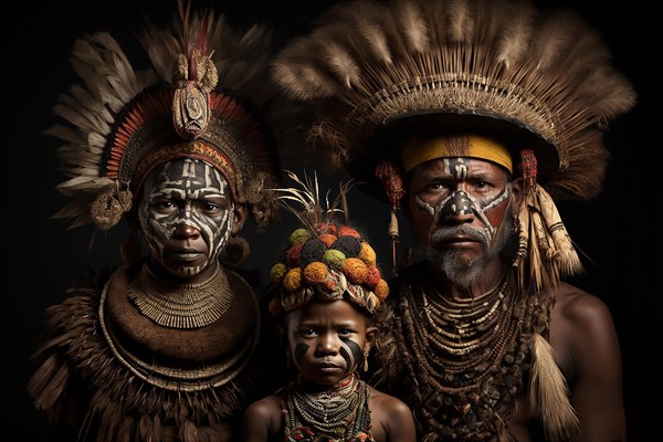 Family portrait of Huli Wigmen tribe from Papua New Guinea. Ai generated art