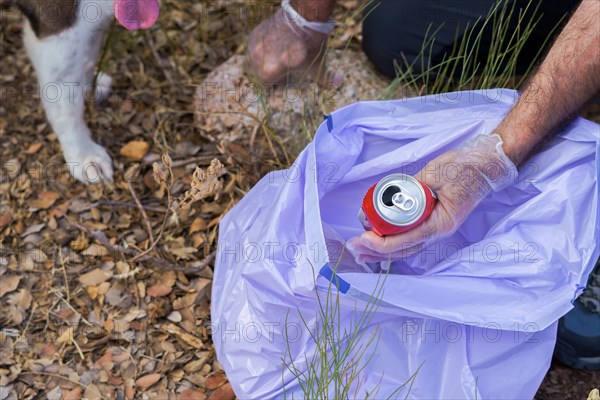 Environmentalist man with his dog throwing a can picked up in the field into a garbage bag