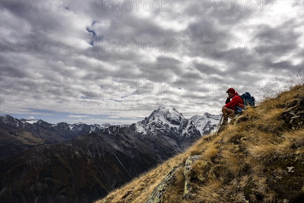 Mountaineer on autumnal mountain meadow with cloudy sky in front of Ortler summit massif