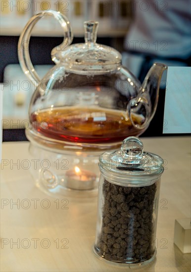 Herbal tea brewed in glass teapot and tea plant in a bottle