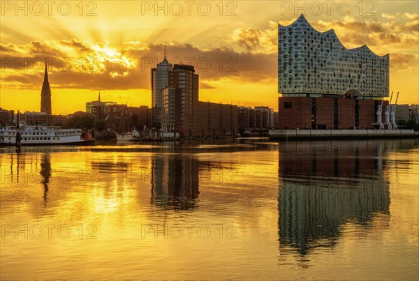 Elbe Philharmonic Hall Hamburg at sunrise with Elbe reflection