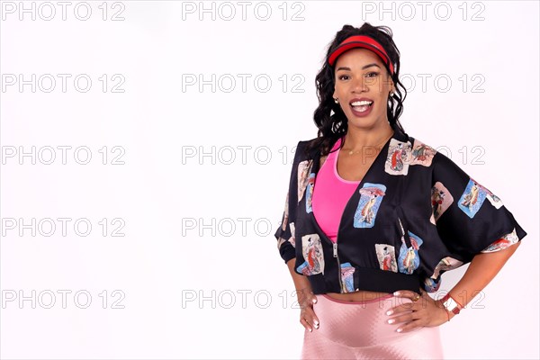 Black ethnic woman dancing on a white background