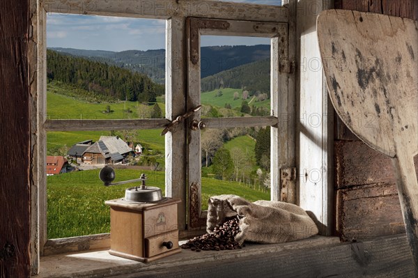 Farmhouse parlour with coffee grinder and coffee beans on the windowsill