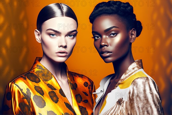 Two glamorous and fashion models in fashionable clothes. Caucasian model and the African model. Ai generated