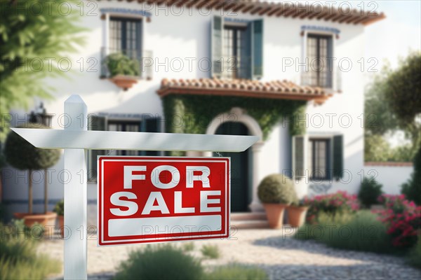 Real estate sign in front of new classic spanish style house