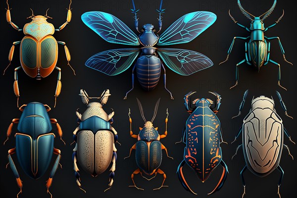 Collection of hand drawn bugs or beetles. Ai generated art