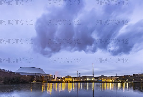 Neckarwestheim nuclear power plant in the evening with cloud of water vapour