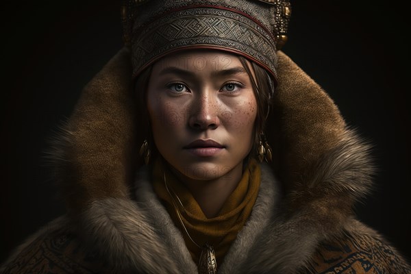 Portrait of woman from Nenets tribe in Siberia. Ai generated art