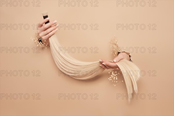 Hands with flowers hold strands of hair for extensions on a beige background. hair beauty