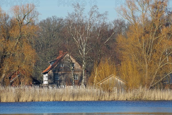 Small wooden buildings by a pond