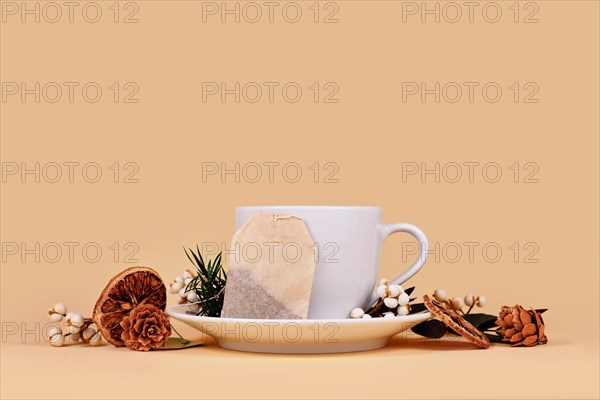 Tea cup surrounded by seasonal forest decoration on beige background with copy space