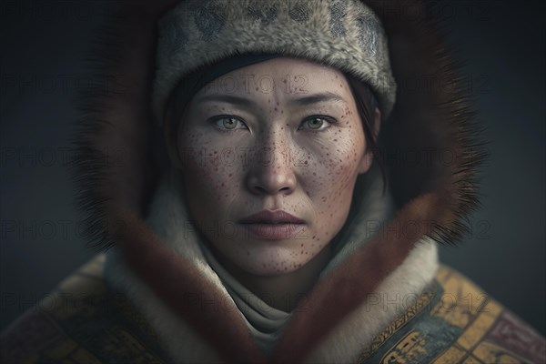 Portrait of woman from Nenets tribe in Siberia. Ai generated art