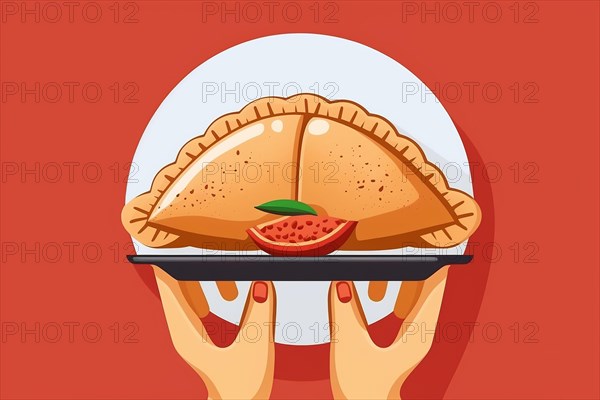Hand holds empanada. Latin American food empanadas in plate. Ai generated art