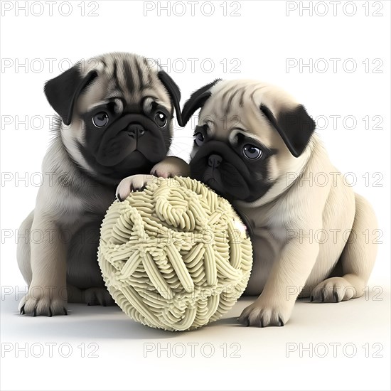 Portrait Mops puppys playing with a ball in front of a white background