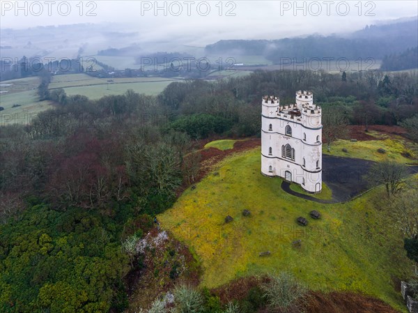 Misty morning over Haldon Belvedere from a drone