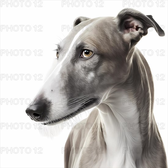 Portrait of a greyhound in front of a white background. AI generated Art