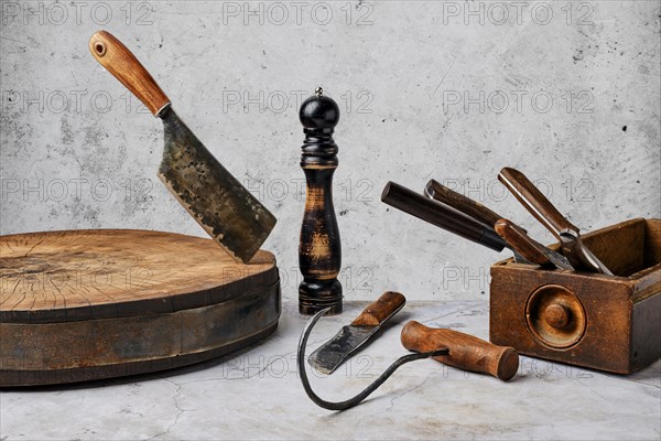 Various kinds of rustic butcher tools