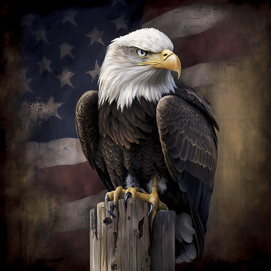 Bald eagle in front of american flag