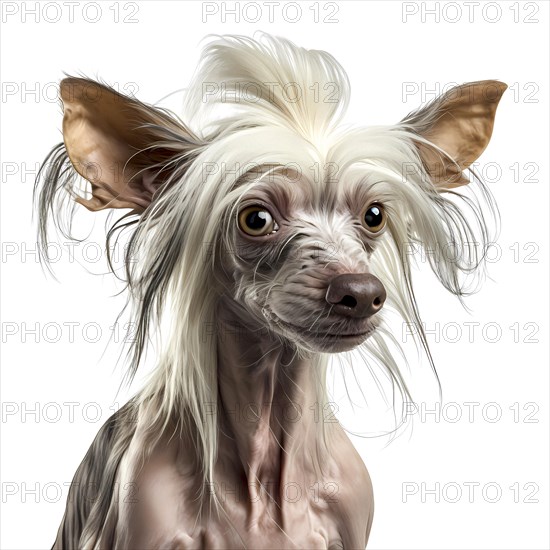 Portrait of a chinese crested dog in front of a white background. AI generated Art