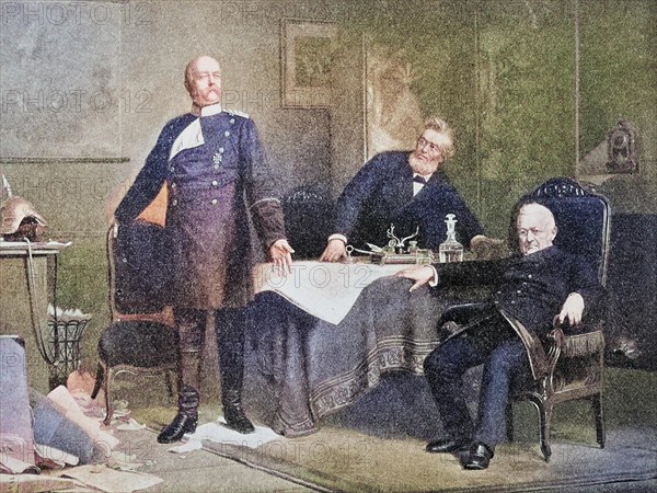 Bismarck negotiating with Thiers and Favre at Versailles. The Treaty of Versailles of 1871 ended the Franco-Prussian War and was signed on 26 February 1871 by Adolphe Thiers