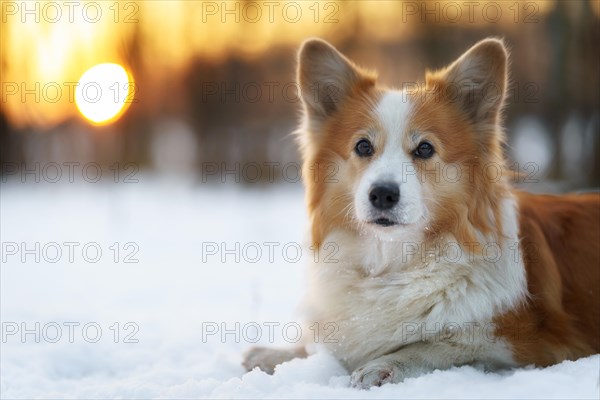 Welsh Corgi Pembroke dog in winter scenery during sunset. Happy dog in the snow