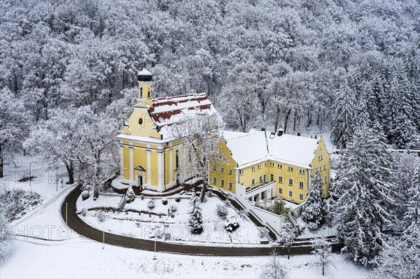 Ave Maria pilgrimage church and Capuchin monastery with snow