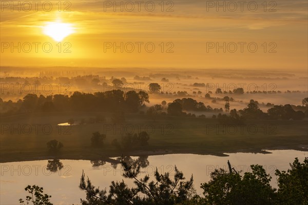 View from the Kniepenberg lookout tower of sunrise and morning fog in the Lower Saxony Elbe floodplain near Neu Darchau