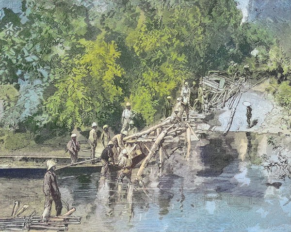 Construction of a bridge by French pioneers in Tonkin