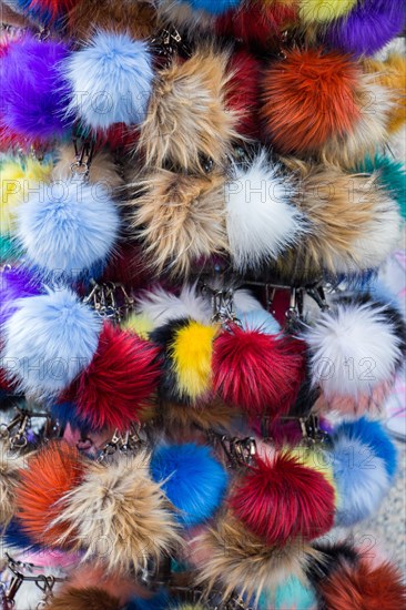 Set of the colorful pompoms in the bazaar