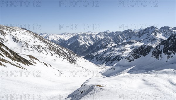 View into snowy valley towards Sellraintal