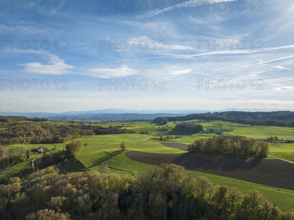 Hilly landscape and scattered settlement in the foothills of the Alps near Klingenzell